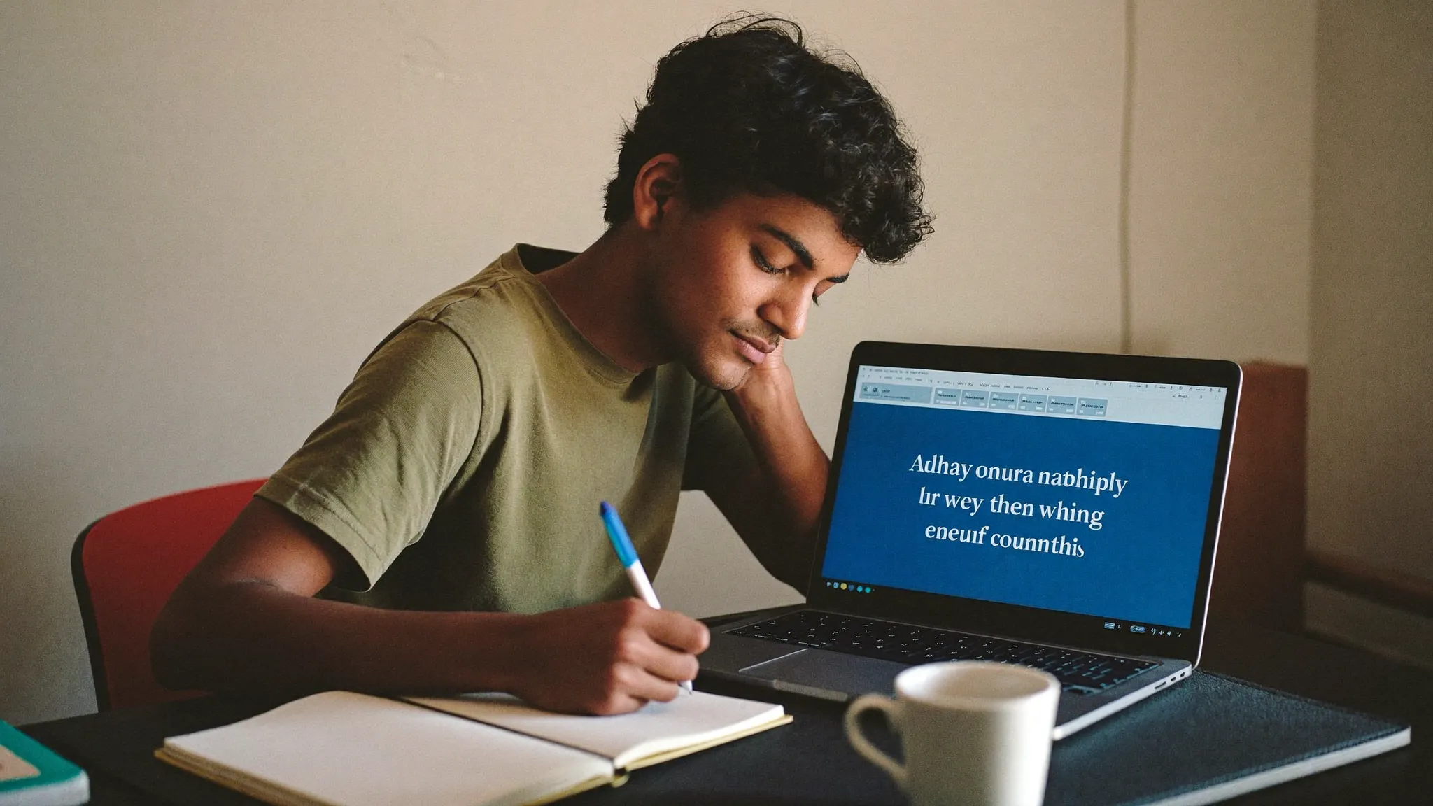 A young Indian graduate thoughtfully writing an about-me section for a resume on a laptop at home — HireFresher