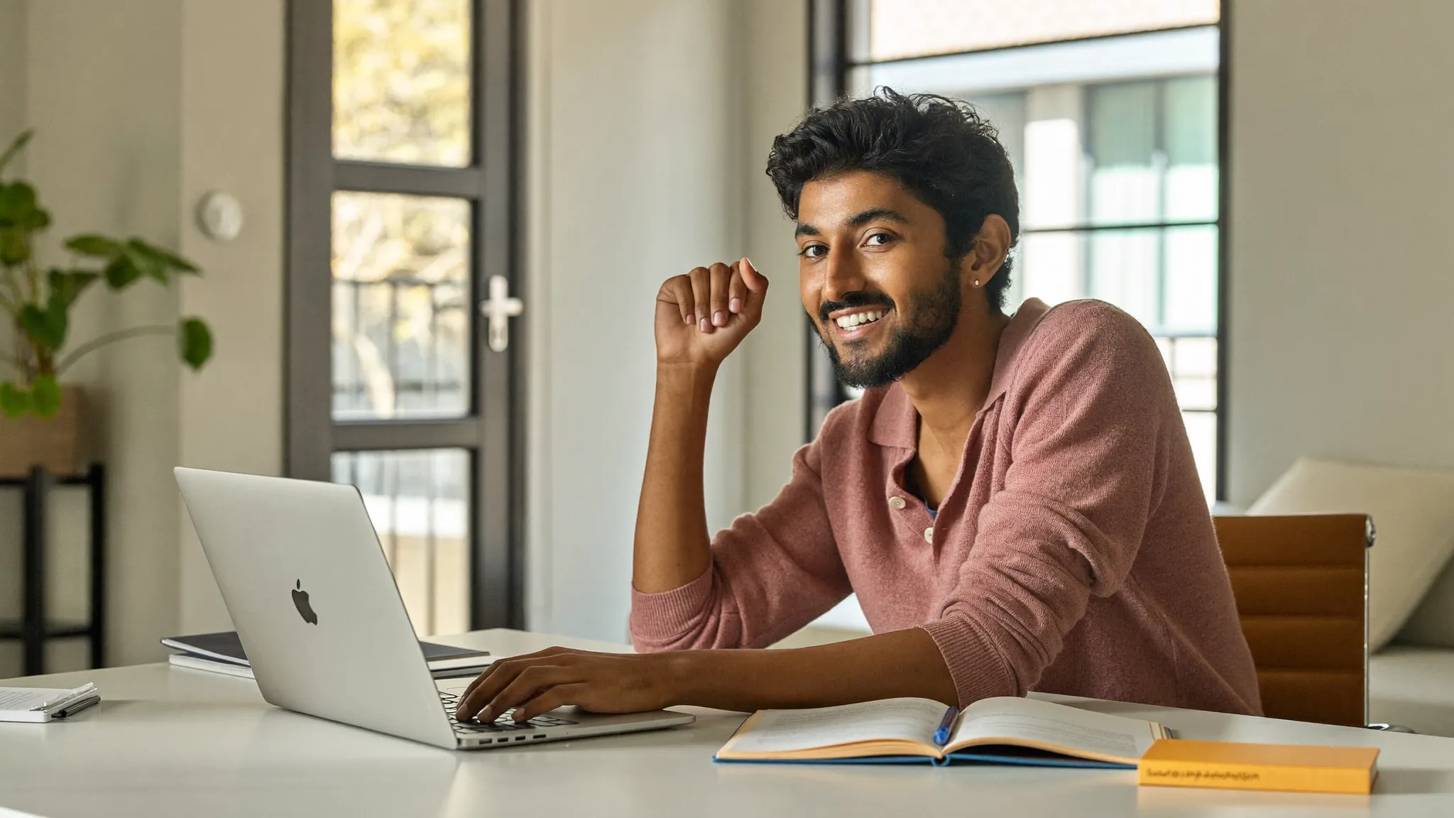 A young Indian graduate preparing a first job resume on a laptop at a home desk — HireFresher