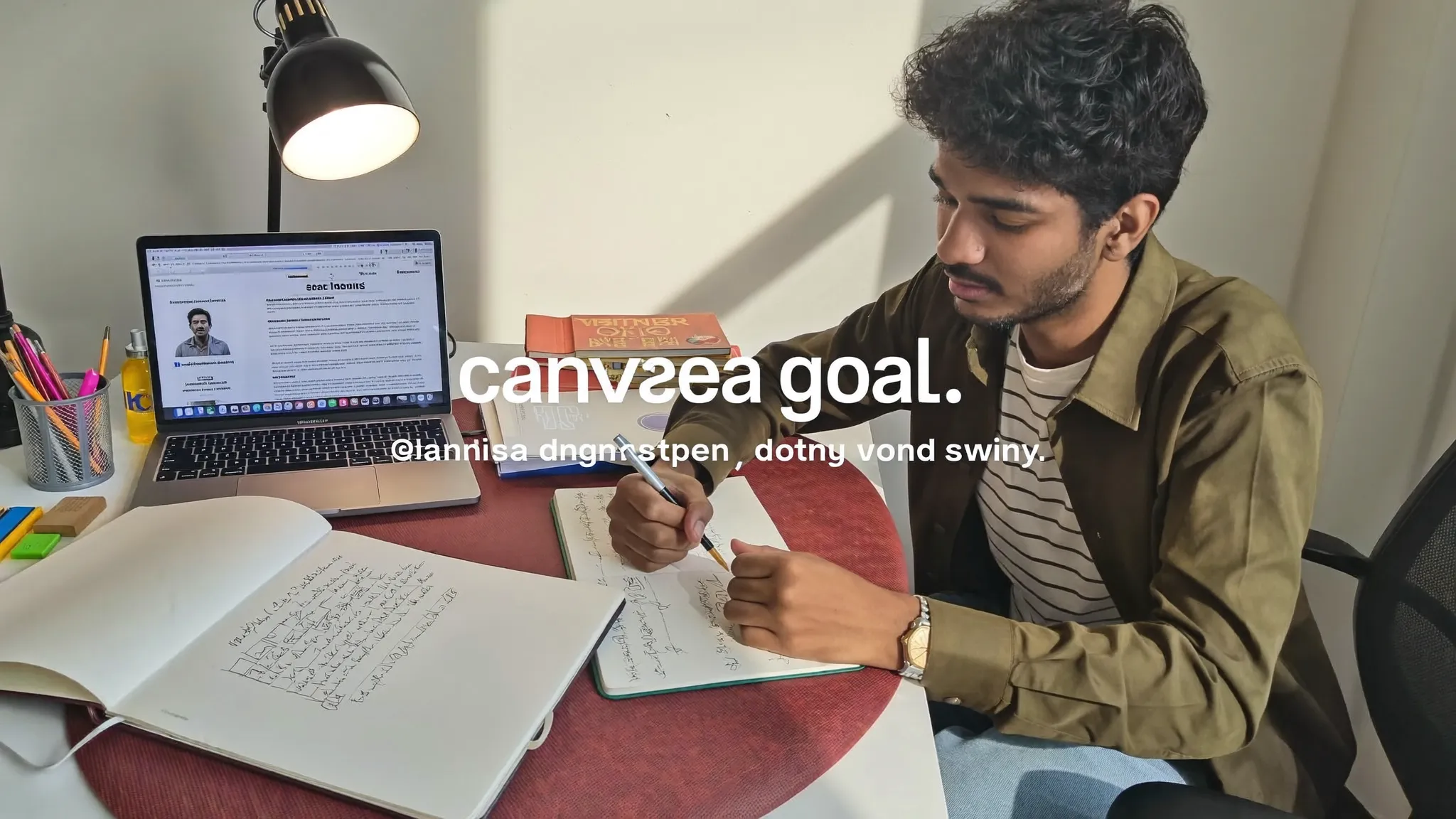 A fresher writing a resume career objective with no experience in a notebook beside a laptop — HireFresher