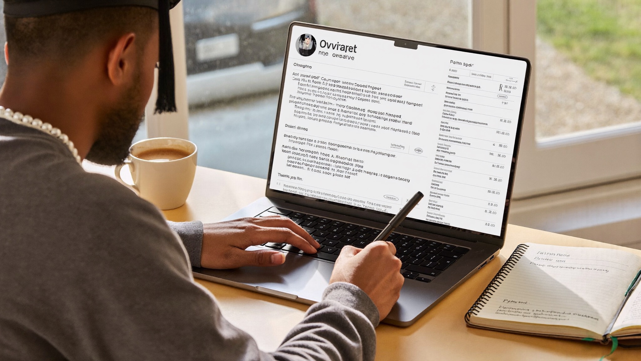 A fresher writing a resume objective on a laptop at a tidy desk — HireFresher