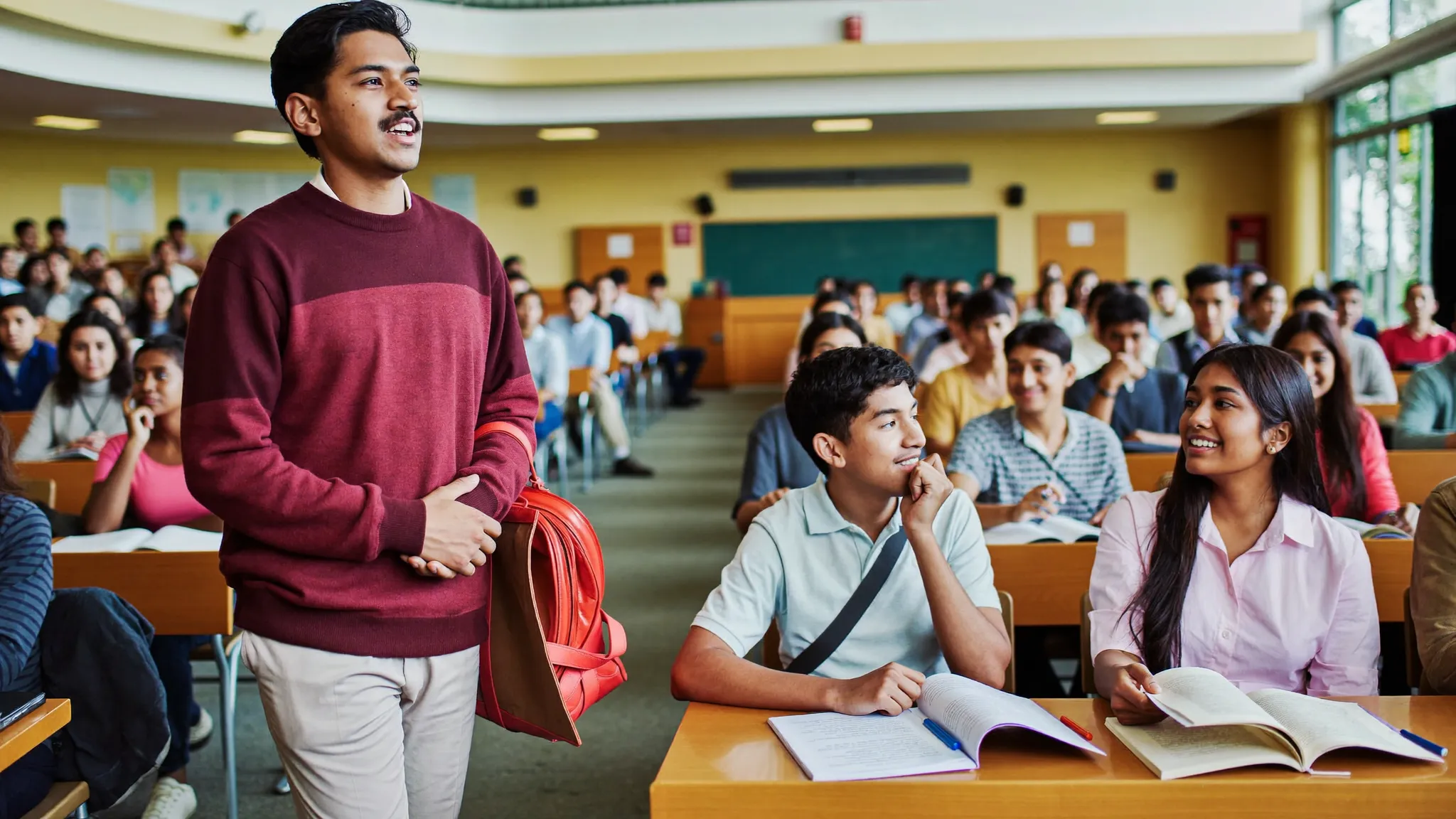 An Indian student giving a self-introduction while standing in a lecture hall — HireFresher